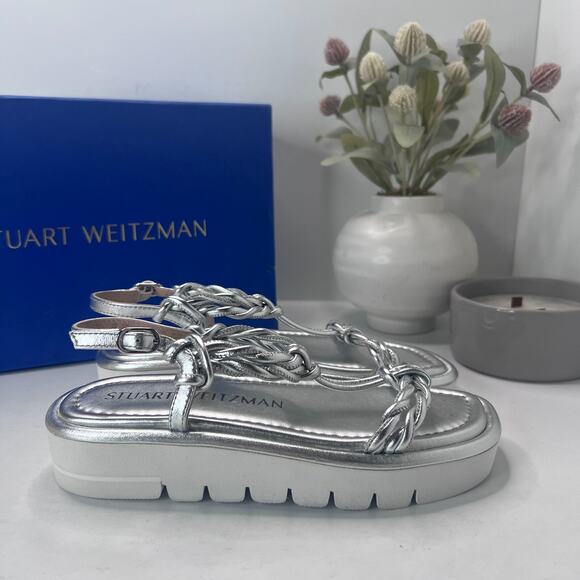 Stuart Weitzman Calypso Square Toe Sandals Metallic Silver S4563 Women 5B NWB - Picture 4 of 11
